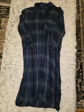 Polly & Esther Plaid Shirt Dress Blue Flannel Rayon Side Slit Juniors XL